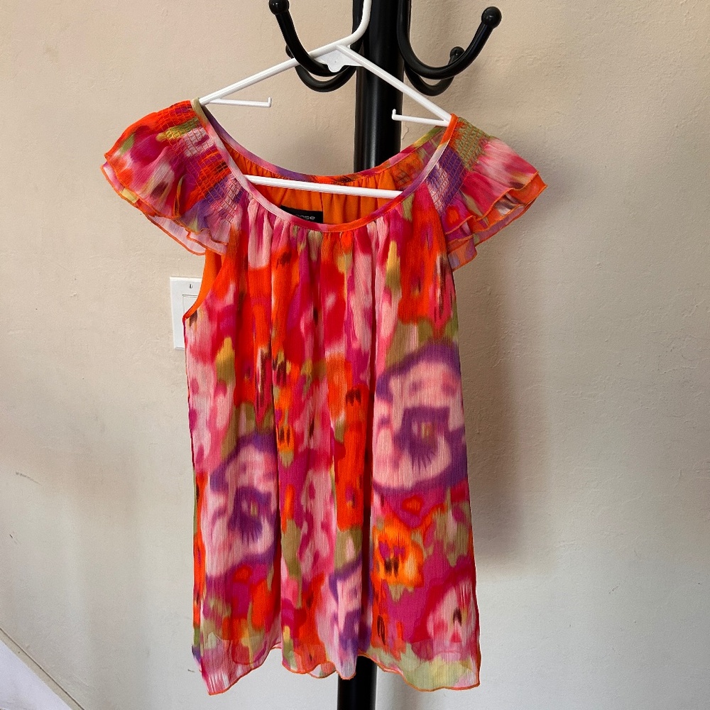 Bright colorful watercolor floral print cap shoulder short-sleeve lightweight